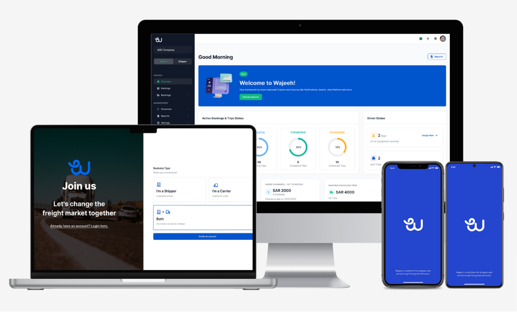 منصة وجيه الرقمية لإدارة الشحن للشركات - تعرض واجهة تطبيق الشاحن على أجهزة متعددة بما في ذلك الكمبيوتر والهاتف المحمول.